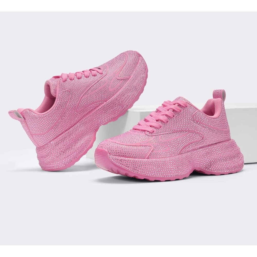 Women's Rhinestone Pink Chunky Sparkly Casual Shiny Sneakers Shoes Footwear - Picture 3 of 9